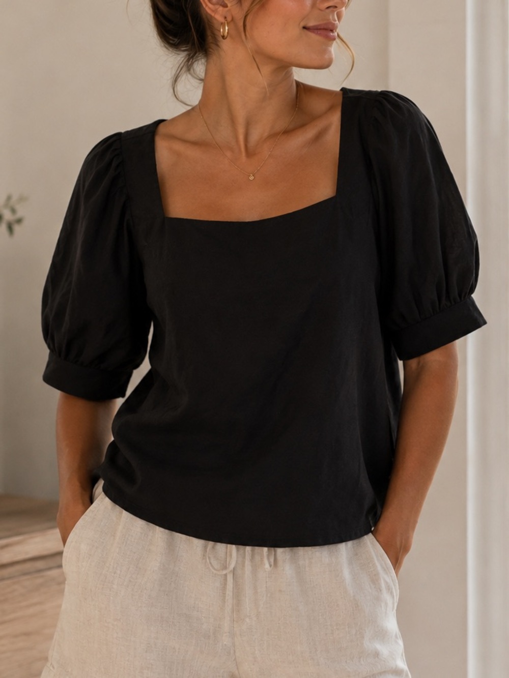 Bailey 44 Black Square-Neck Puff Sleeve Top Capsule Classic Business Casual